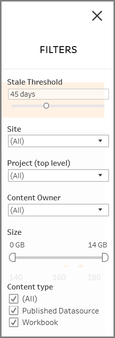 Met het deelvenster Filters kunt u inhoud sorteren op criteria zoals drempelwaarde voor verouderde inhoud, site, project, eigenaar van de inhoud, grootte en type inhoud.