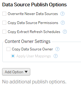 A caixa de diálogo Opções de publicação da fonte de dados.