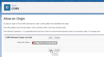 Janela de configuração do CORS com um padrão de URL original inserido e um cursor pairando sobre o botão Salvar.
