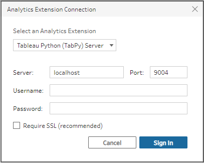 Formulário de logon de configuração da Conexão de extensão do Analytics.