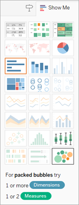 Painel Mostre-me com várias opções de tipo de visualização. Bolhas compactadas são selecionadas e o texto diz "Para bolhas compactadas, tente 1 ou mais dimensões, 1 ou 2 medidas".