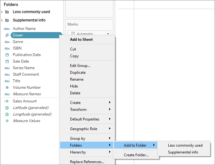 Menu de contexto expandido a partir de um campo, com a opção de adicionar à pasta destacada.