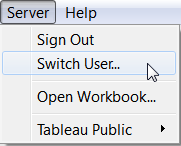 Menu do Tableau Server com a opção Trocar usuário destacada.