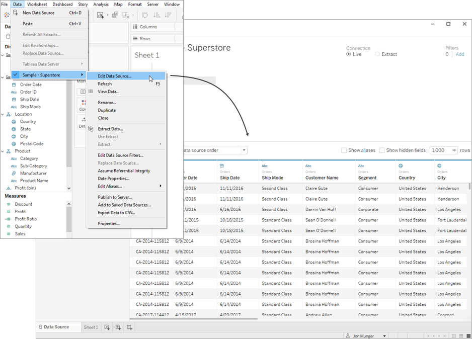 Conexão com uma fonte de dados no Tableau.