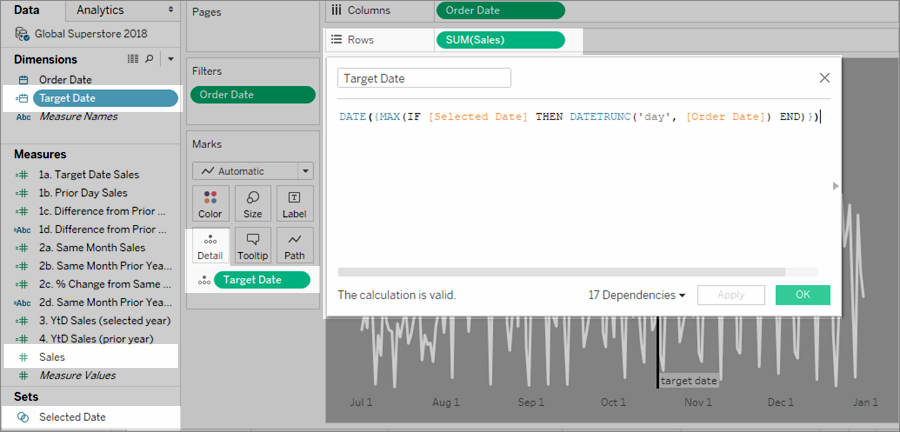 Campo de vendas colocado na divisória Linhas. O campo calculado da Data-alvo é colocado em Detalhe.