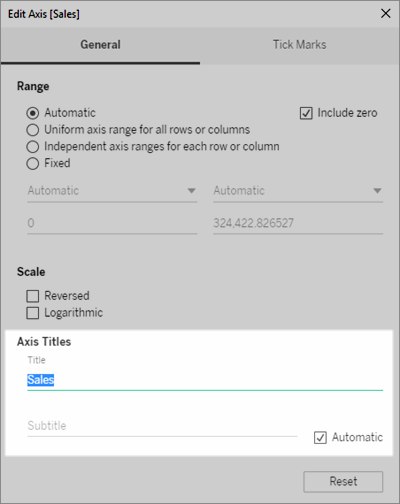 Caixa de diálogo Editar eixo com configurações para editar títulos de eixos destacadas.