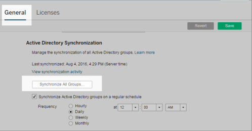 Um formulário com opções de configuração para sincronização do Active Directory, incluindo a opção para sincronizar todos os grupos.