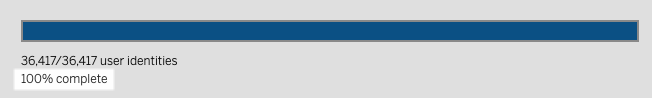 Barra de progresso da migração de identidade indicando 100% de conclusão.