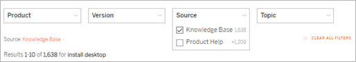 Ett formulär med fält för resultatfiltrering efter produkt, version, källa och ämne.