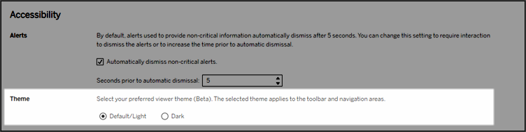 Temainställningar under tillgänglighetsinställningen i Tableau Cloud.