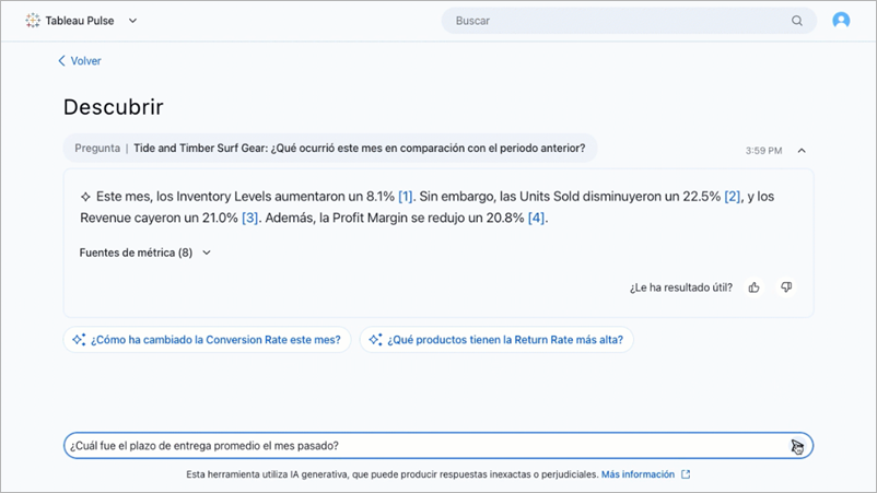 Enhanced Q&A (Upptäck)-sida med en insiktssammanfattning och fråga på spanska