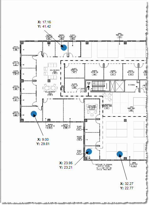En planlösning med fyra blå prickar markerade med koordinater.