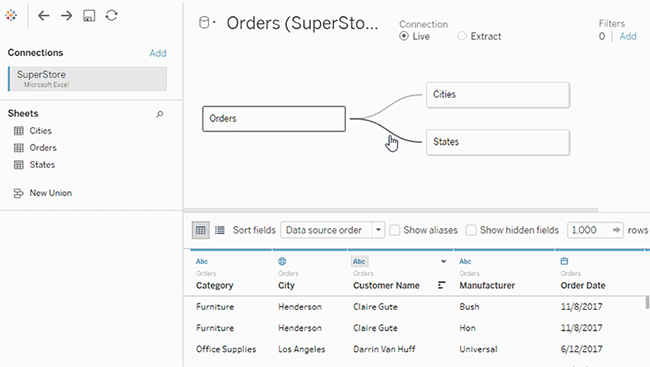 Lägg till kopplingar och föreningar mellan tabeller i det fysiska lagret.