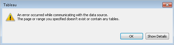 Ett Unicode-fel som indikerar att ett fel uppstod under kommunikationen med datakällan och att den angivna sidan eller intervallet inte existerar eller innehåller tabeller.