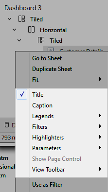 En listrutemeny med alternativ för blad, titlar, bildtexter, förklaringar, filter, framhävningsverktyg, parametrar, sidokontroller, verktygsfält och att använda som ett filter.