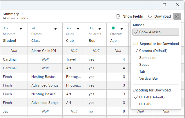 menyn för nedladdningsinställningar med avsnitt för alias, listavgränsare och kodning