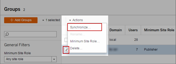 Menyn Åtgärder med alternativet att synkronisera grupper.