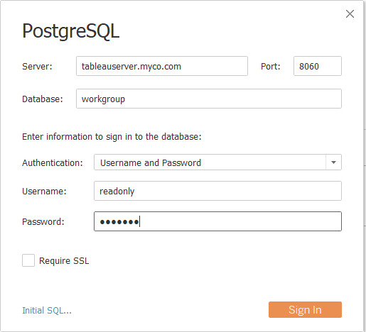 En skärm för PostgreSQL-inloggning med fält för server, port, databas, användarnamn och lösenord.