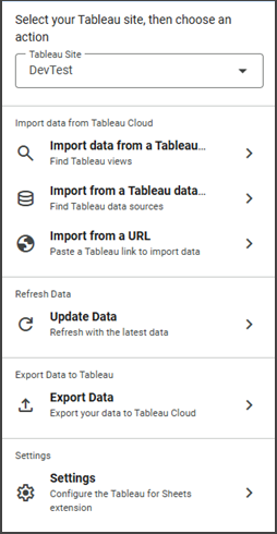 Tableau ส่วนขยายส่วนเสริมใน Google ชีตเพื่อนําเข้าและส่งออกข้อมูล