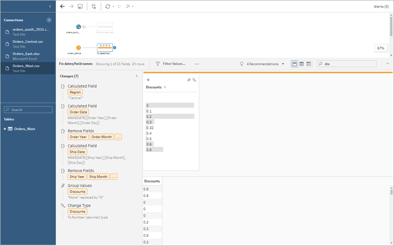 โฟลว์ Tableau Prep ที่เลือกขั้นตอนการทำความสะอาดไว้แล้ว และแผงการเปลี่ยนแปลงจะเปิดขึ้นเพื่อแสดงรายการการดำเนินการทำความสะอาดทั้งหมด