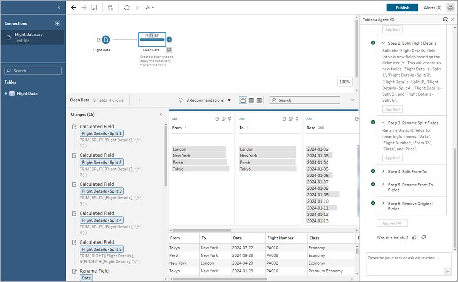 โฟลว์ Tableau Prep ที่มีแผง Tableau Agent เปิดอยู่เพื่อแสดงขั้นตอนในแผนทั้งหมดที่นำไปใช้