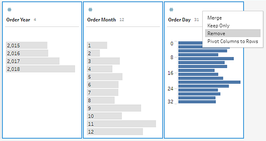มีการเลือกฟิลด์หลายรายการใน Tableau Prep พร้อมไฮไลต์ตัวเลือกให้ลบฟิลด์เหล่านั้น