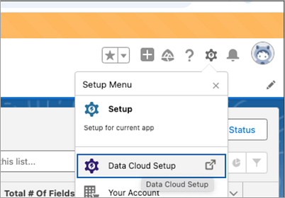 เมนูการตั้งค่าในองค์กร Salesforce แสดงตัวเลือกเมนูการตั้งค่า Data Cloud