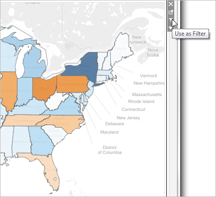 แผนที่ภาคตะวันออกเฉียงเหนือของสหรัฐอเมริกาใน Tableau Cloud พร้อมด้วยรัฐต่าง ๆ ที่มีรหัสสีเป็นสีน้ำเงินและสีส้ม โดยมีตัวเลือกให้ใช้เป็นตัวกรอง