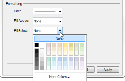 กล่องโต้ตอบรูปแบบเส้นที่แสดงตัวเลือกในการเติมด้านบนและด้านล่างเส้นด้วยจานสี 18 เฉดสี ตั้งแต่สีดำเข้มไปจนถึงสีฟ้าอ่อน