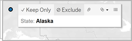 ภาพระยะใกล้ของจุดข้อมูลบนแผนที่โคโรเพลธของสหรัฐอเมริกาสำหรับรัฐอลาสก้า โดยแสดงตัวเลือกที่เก็บไว้เท่านั้นหรือไม่รวม