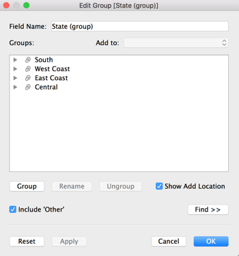 กล่องโต้ตอบสำหรับแก้ไขกลุ่มฟิลด์ชื่อ “สถานะ (กลุ่ม)”