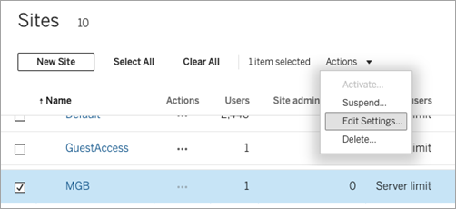 แก้ไขการตั้งค่าบนไซต์ Tableau