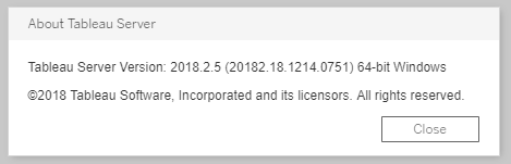 กล่องโต้ตอบพร้อมข้อมูลเกี่ยวกับเวอร์ชันและลิขสิทธิ์ของ Tableau Server