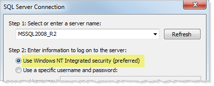 หน้าต่างการกำหนดค่าการเชื่อมต่อ SQL Server พร้อมตัวเลือกในการเข้าสู่ระบบเซิร์ฟเวอร์โดยใช้การรักษาความปลอดภัยแบบผสานรวมของ Windows NT ที่ถูกเลือก