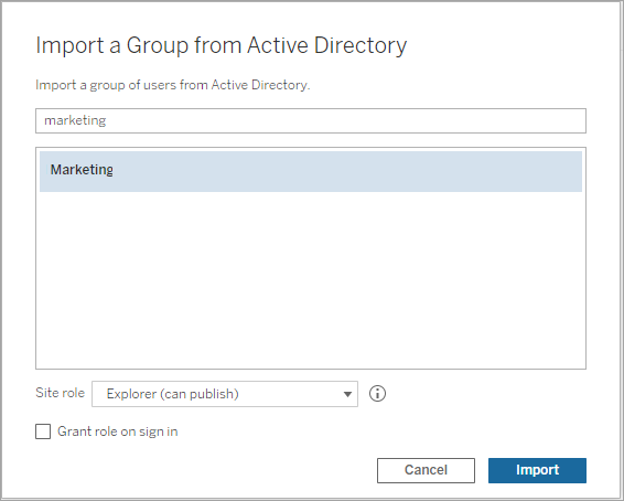 กล่องโต้ตอบสำหรับนำเข้ากลุ่มจาก Active Directory