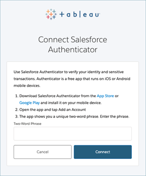 包含有关连接到 Salesforce 身份验证器的说明的 Tableau 表单。