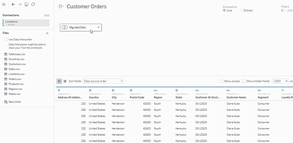 如果数据源包含多个联接或合并的表,则会显示名为“迁移的数据”的单个逻辑表。