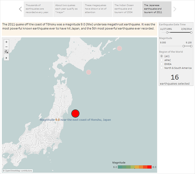 2011 年东北地震的视觉呈现，此次地震袭击了日本本州岛的东海岸，震级为 9.0 级。