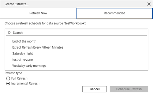用于计划数据提取刷新的对话框。