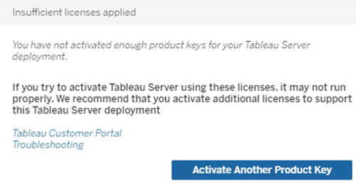 有关 Tableau Server 部署的产品密钥激活不足的通知。
