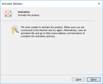 Tableau 啟動錯誤訊息。