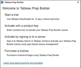 說明如何啟動該軟體的Tableau Prep Builder 啟動視窗。