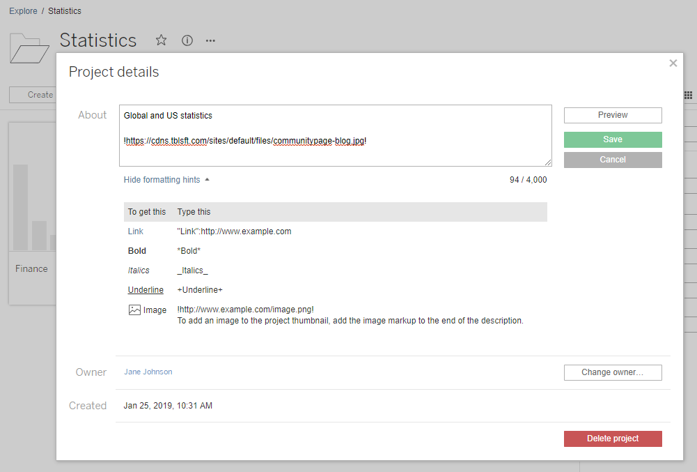專案詳細資訊頁面顯示全球和美國統計數據,以及專案詳細資訊和編輯選項。