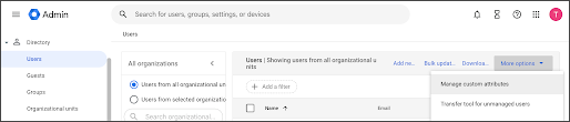Google Workspace 管理控制台,其中選取「更多選項」,然後選取「管理自訂屬性」。
