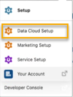 Salesforce 設定功能表，醒目提示「Data Cloud 設定」功能表選項