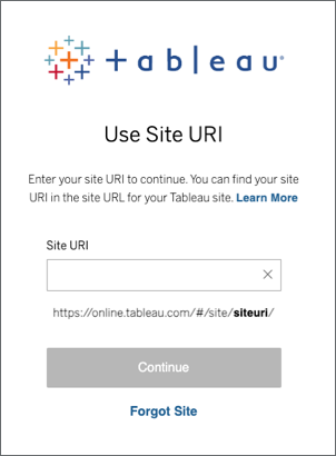 Tableau 站台 URI 登入視窗。