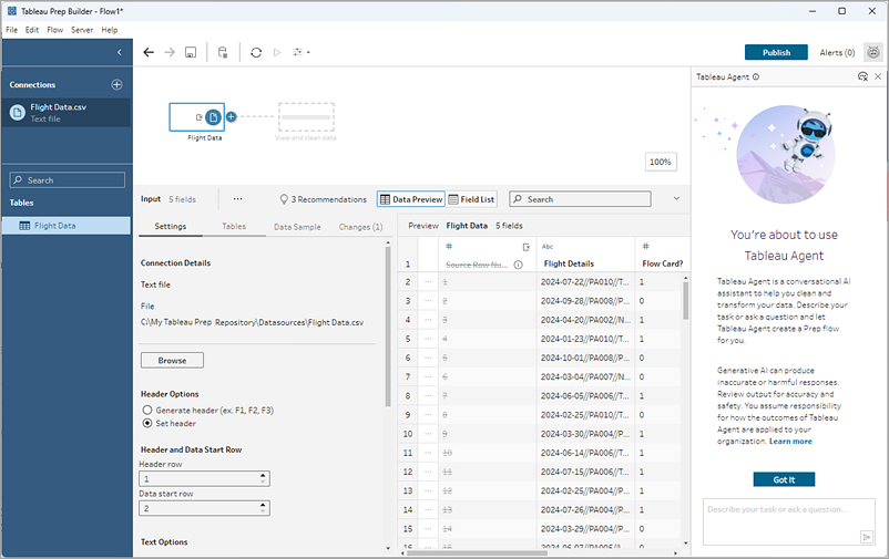 Tableau Prep 流程頁面顯示 Tableau Agent 窗格。