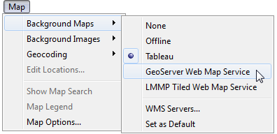 地圖功能表展開,其中選取背景地圖和 GeoServer Web 地圖服務。