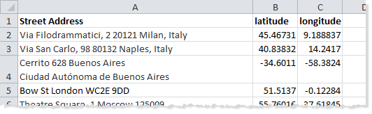 資料表的一部分,有下列標題:街道地址、緯度和經度。