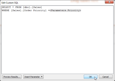 顯示 SQL 程式碼的「編輯自訂 SQL」視窗。